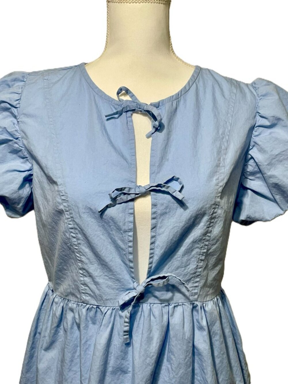 Sim & Sam Light Blue Dress, 100% Cotton, Puff Sleeves, Top Ties into Bowes Sz L - Picture 2 of 11